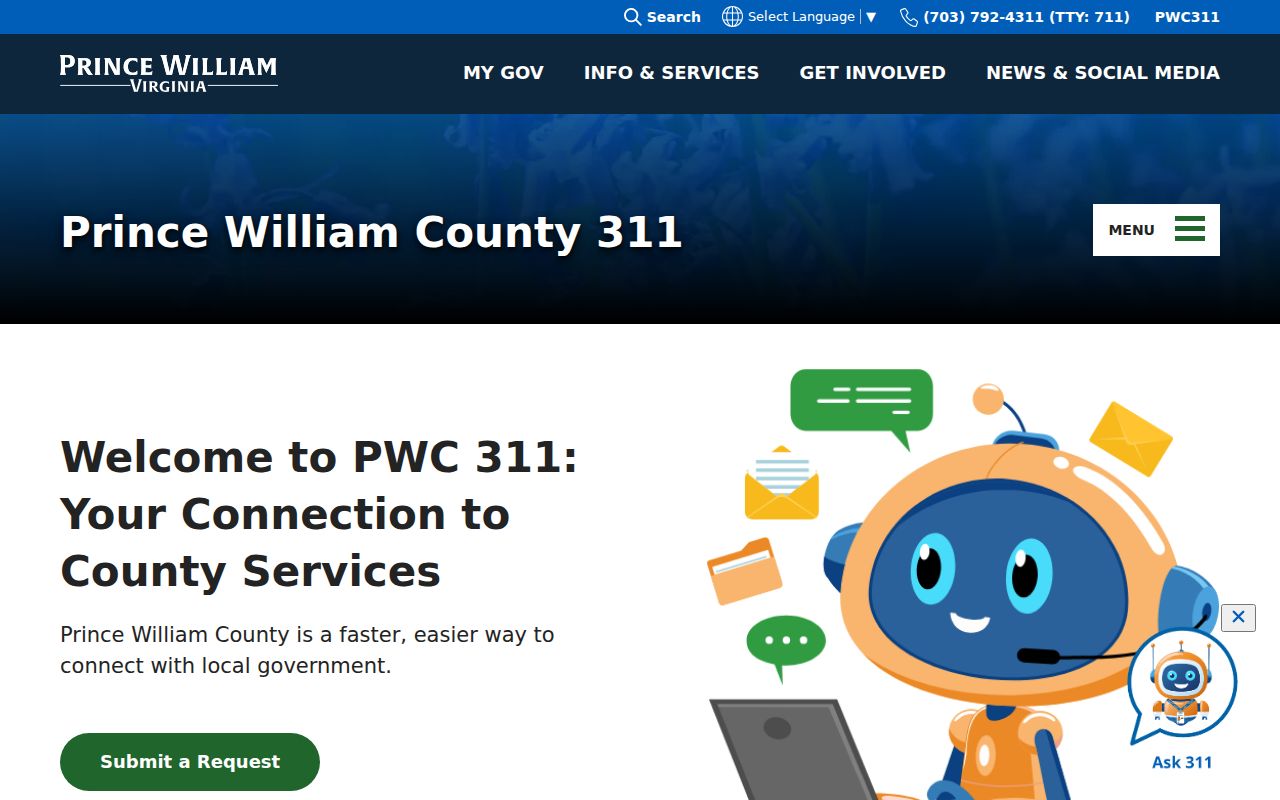 Prince William County resident directory PWC 311 service routing