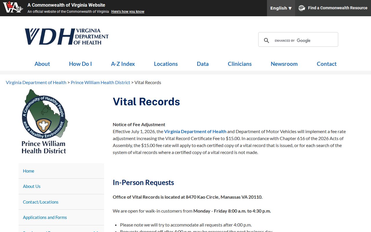 Prince William County resident directory vital records office information