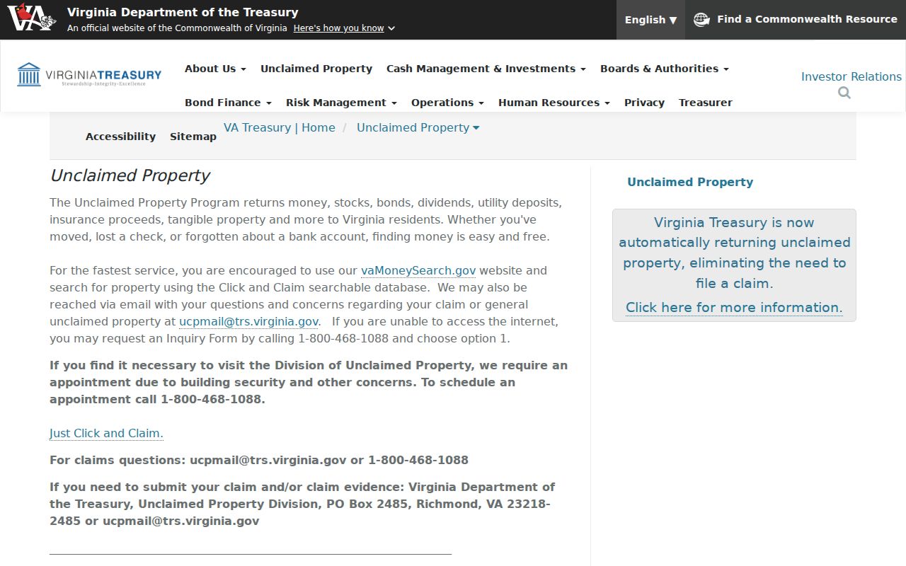 Prince William County resident directory Virginia unclaimed property search