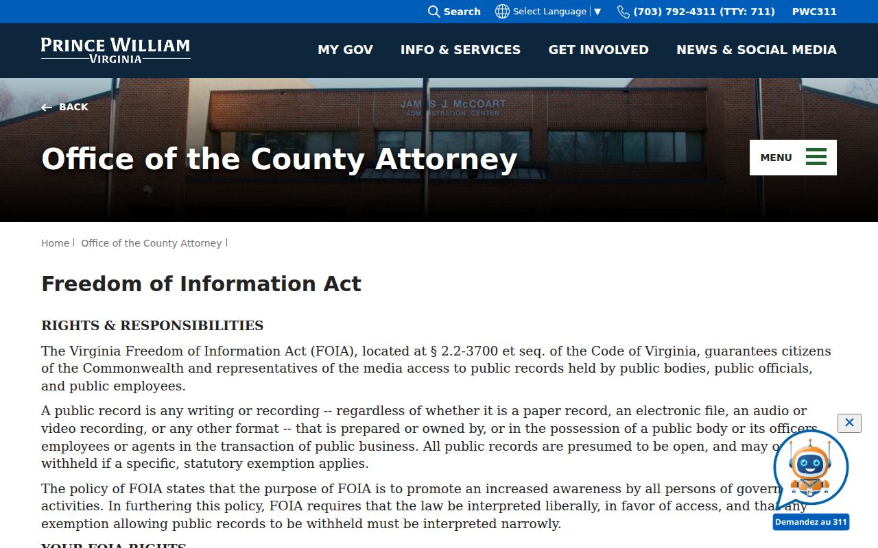 Prince William County resident directory Freedom of Information Act request information