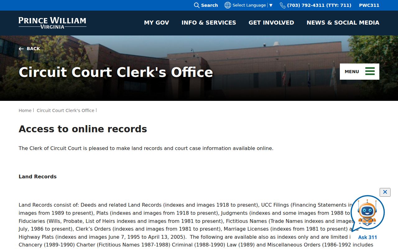 Prince William County previous residents deed research through Circuit Court online records