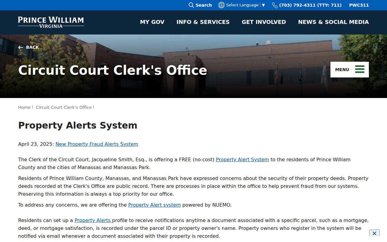 Prince William County previous residents property alert workflow