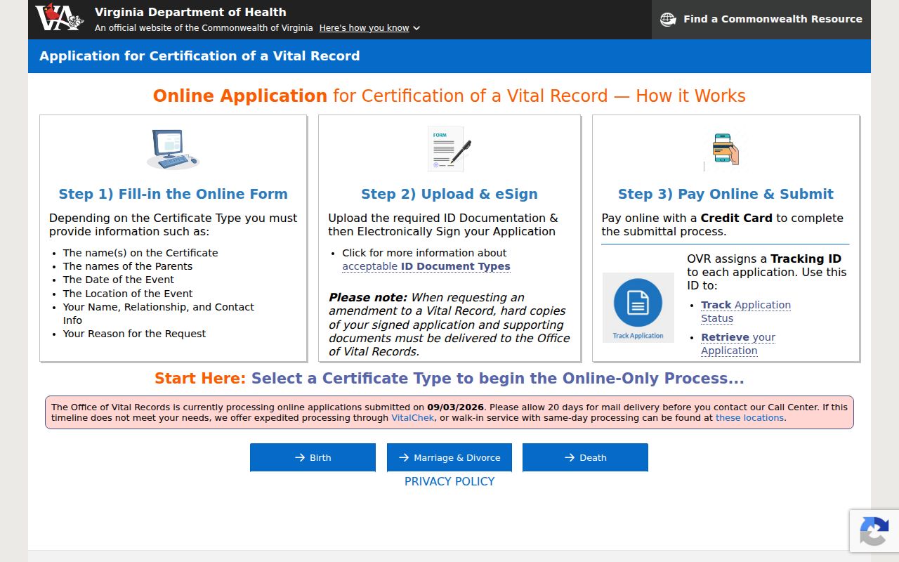 Prince William County resident lookup view of Virginia vital records online application steps