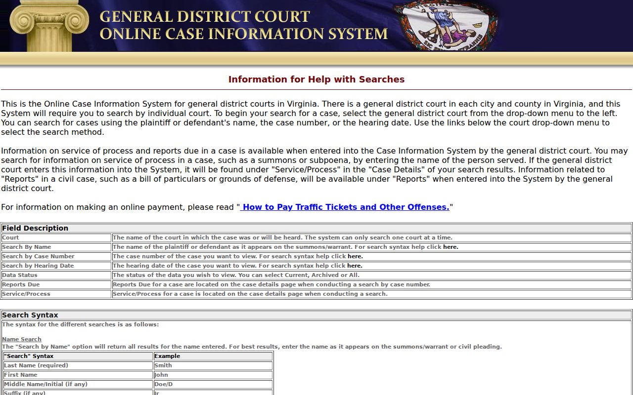 Prince William County resident lookup view of Virginia General District Court search controls