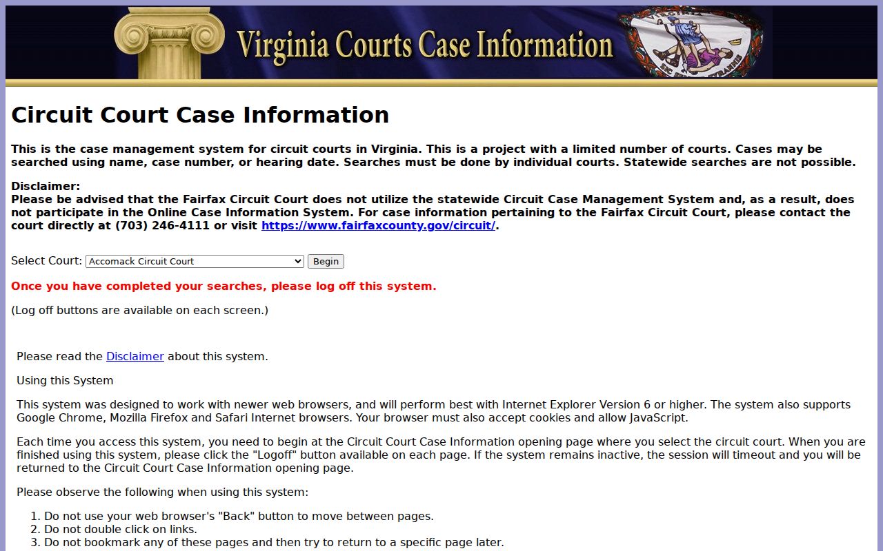Prince William County resident lookup view of the Virginia Circuit Court case search