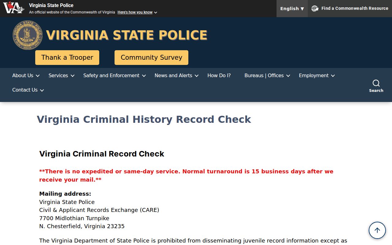 Prince William County resident lookup view of Virginia State Police criminal-history request information