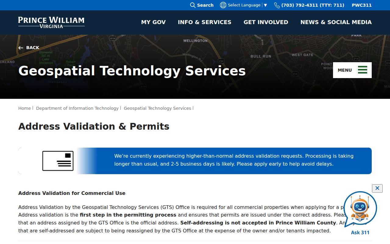 Prince William County street directory address validation information