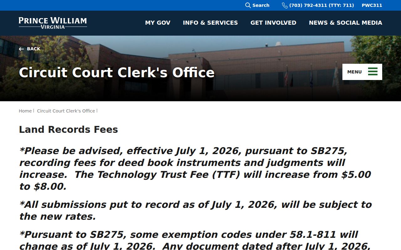 Prince William County street directory Circuit Court land-record fees
